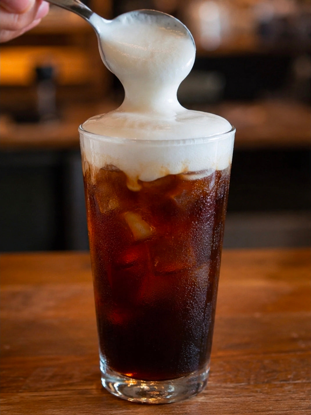 Cold foam spooned onto iced coffee