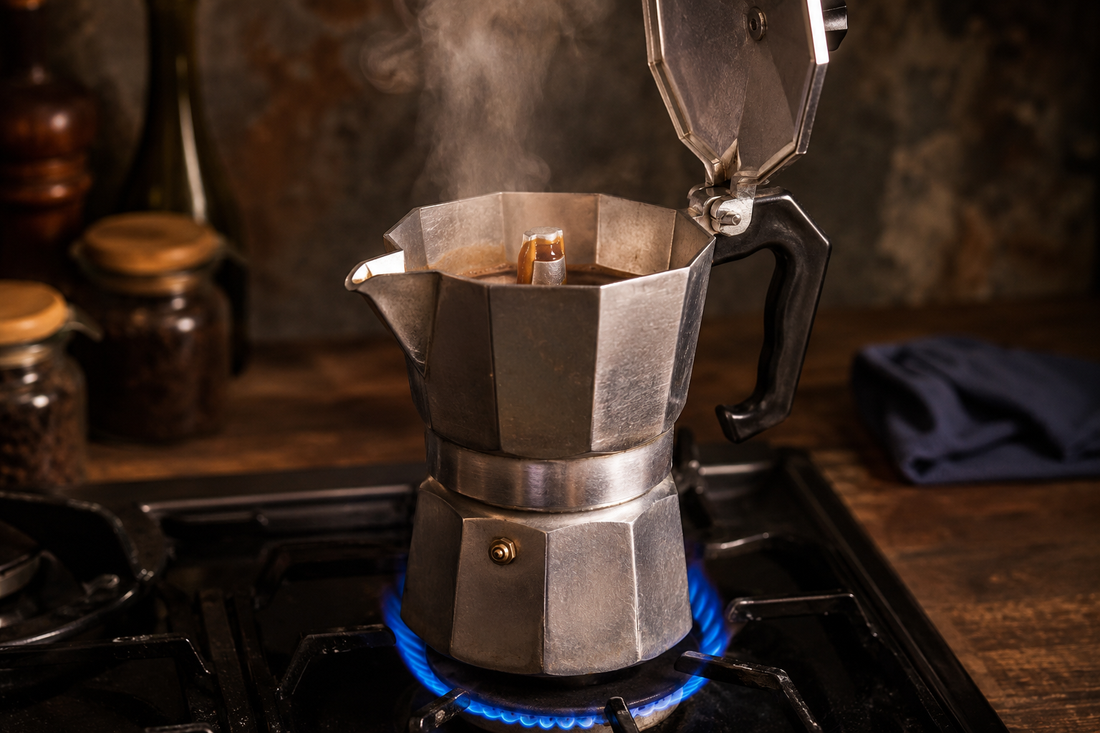 Moka pot brewing espresso on a gas stove with steam rising