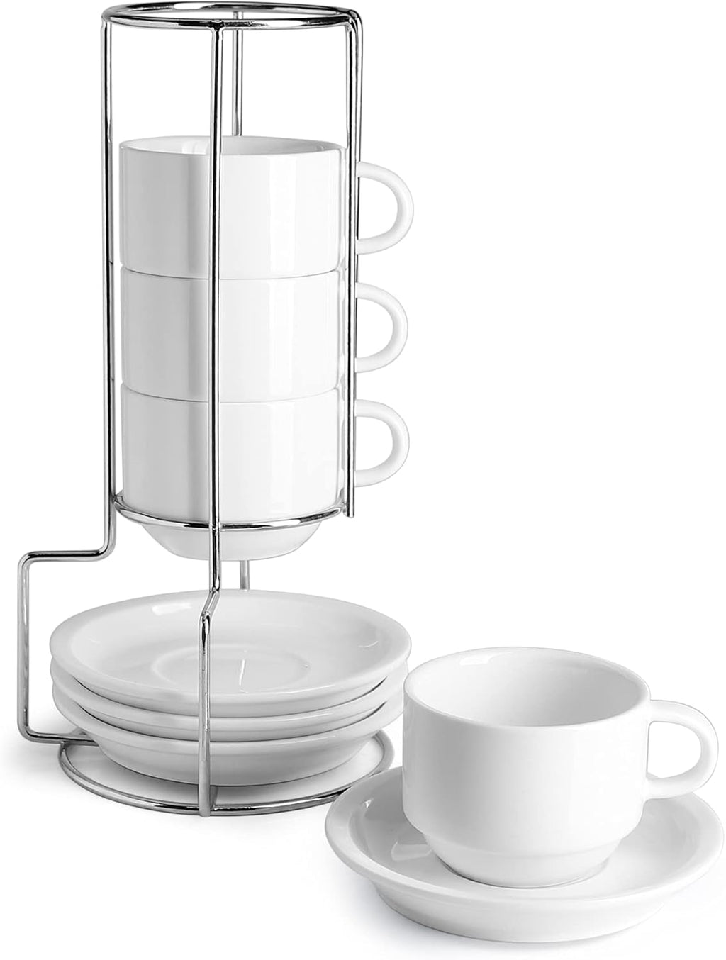 Sweese Porcelain Cappuccino Cups with Saucers & Metal Stand – Set of 4, 8 oz
