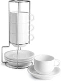 Sweese Porcelain Cappuccino Cups with Saucers & Metal Stand – Set of 4, 8 oz