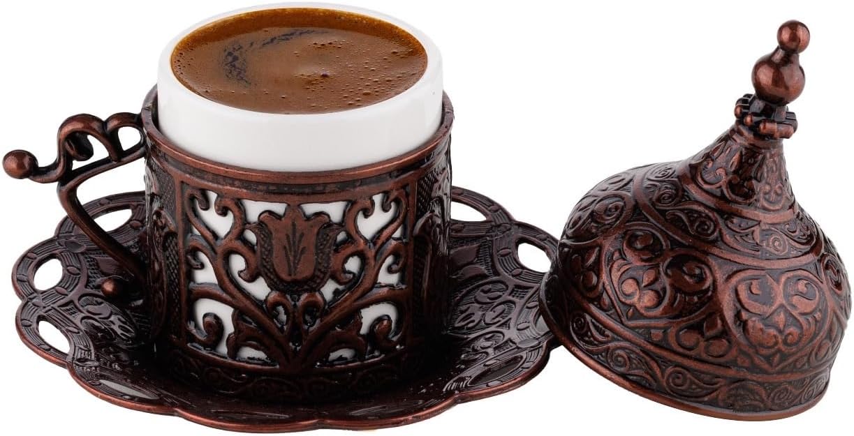 DEMMEX Turkish Greek Arabic Coffee Making & Serving Set — 12-Piece Antique Brass with Copper Cezve
