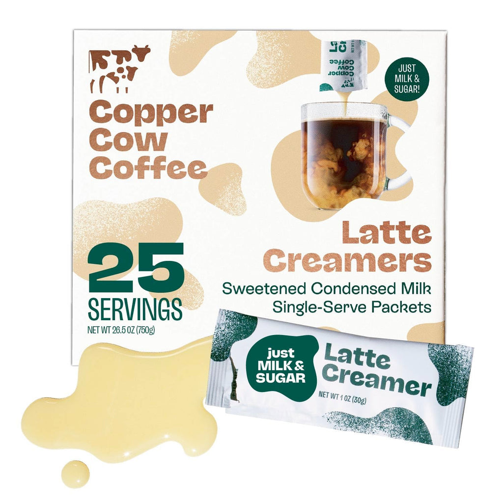 Copper Cow Coffee Latte Creamers – Sweetened Condensed Milk Single-Serve Packets, 25-Pack