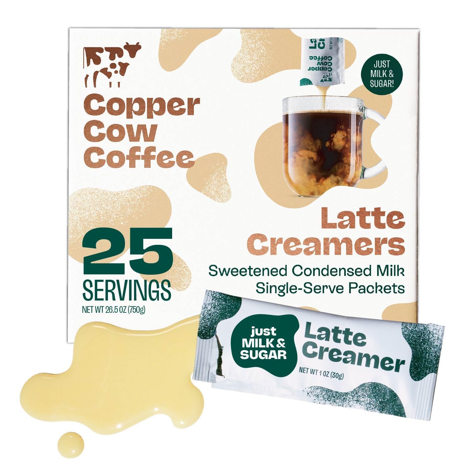 Copper Cow Coffee Latte Creamers – Sweetened Condensed Milk Single-Serve Packets, 25-Pack