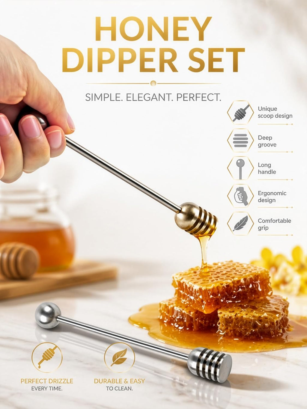 DUGATO Stainless Steel Honey Dipper Set – 2 Pack, 6.3 Inch, 304 Food-Grade Steel