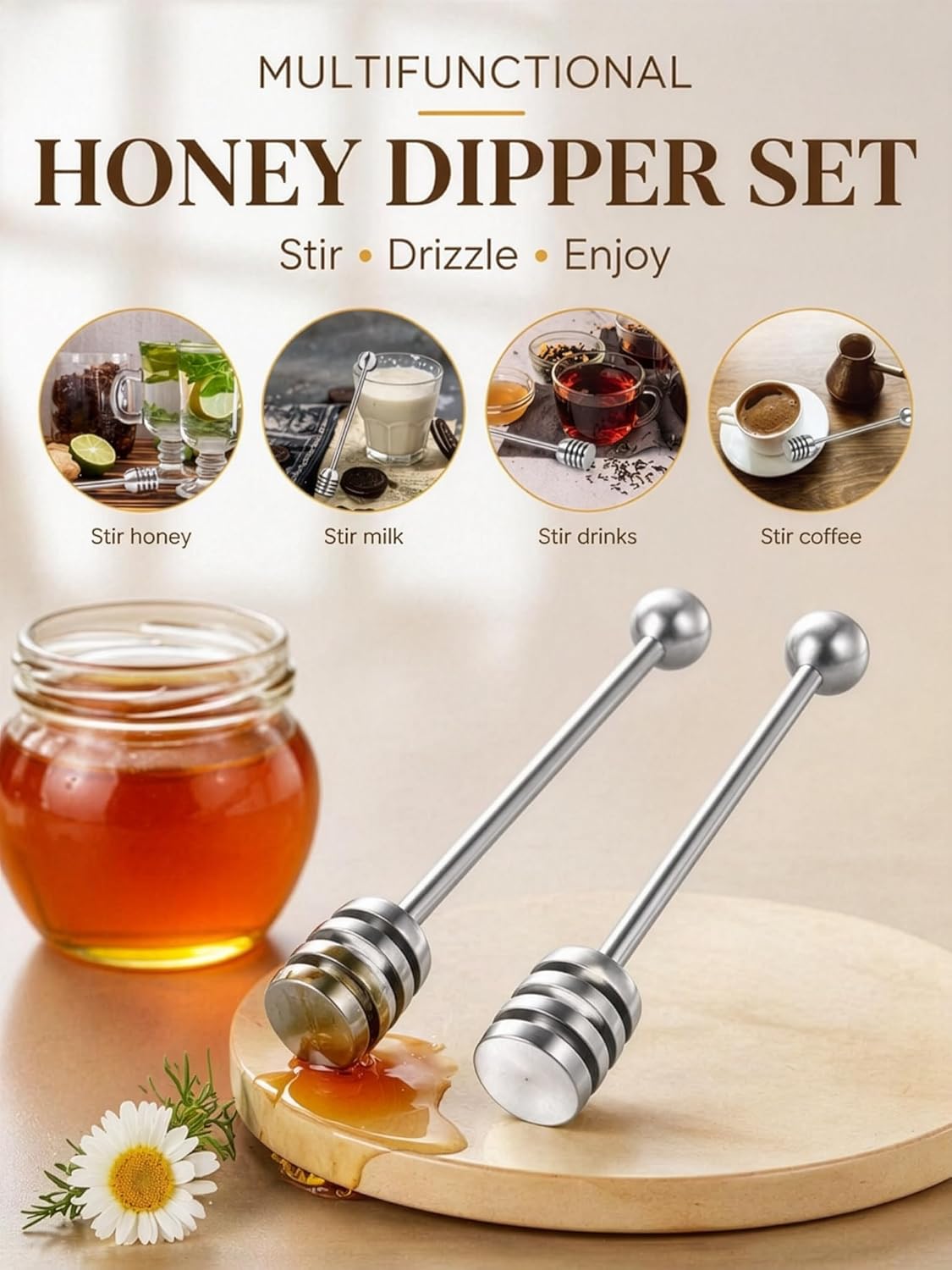 DUGATO Stainless Steel Honey Dipper Set – 2 Pack, 6.3 Inch, 304 Food-Grade Steel