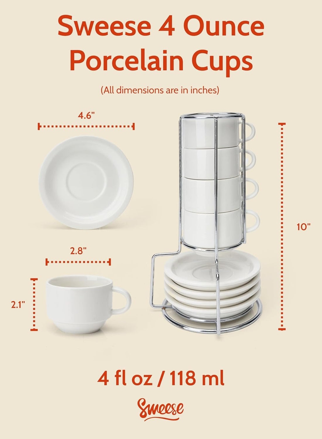 Sweese Porcelain Cappuccino Cups with Saucers & Metal Stand – Set of 4, 8 oz