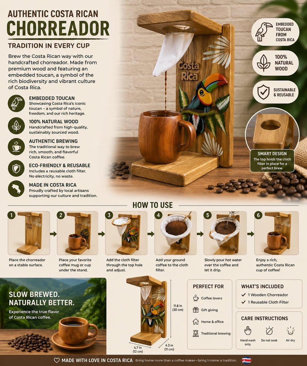 Costa Rican Chorreador — Handmade Wooden Pour-Over Coffee Stand with Cloth Filter