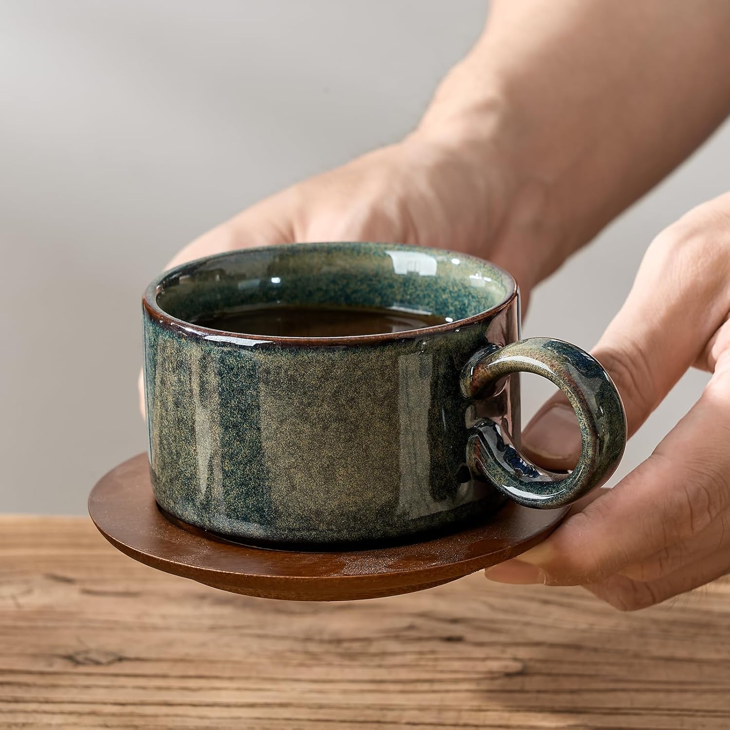 LUKA Ceramic Espresso Cups with Saucers, Spoons & Metal Stand – Set of 4, 6 oz