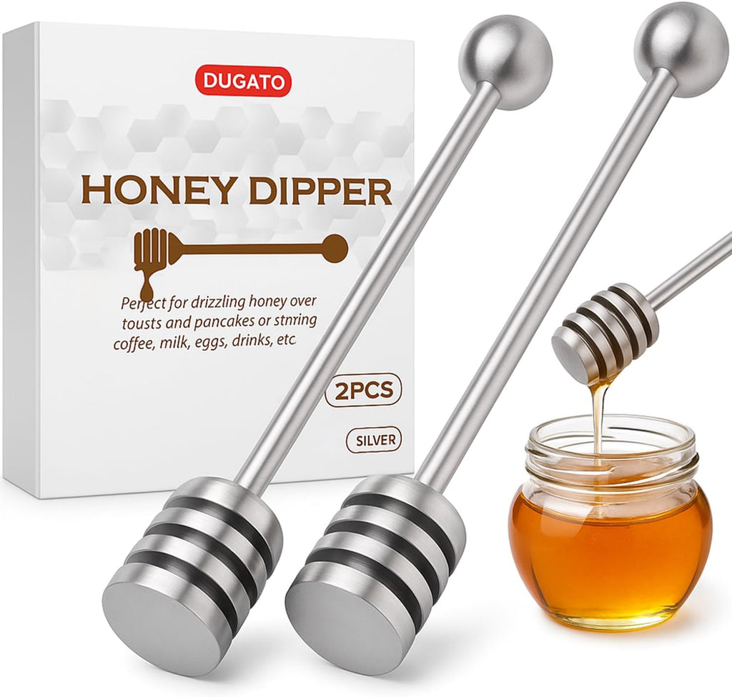 DUGATO Stainless Steel Honey Dipper Set – 2 Pack, 6.3 Inch, 304 Food-Grade Steel