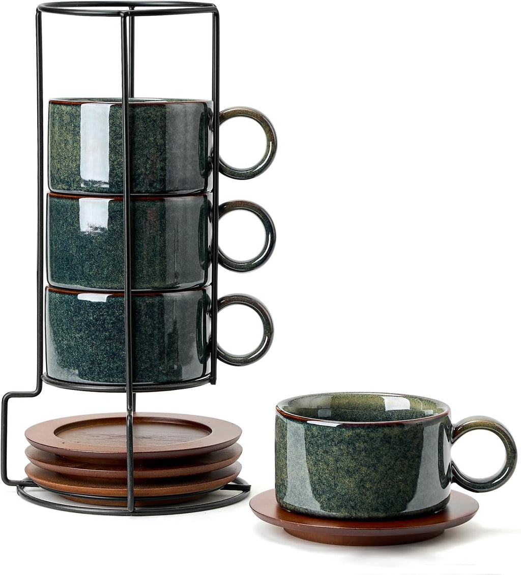 LUKA Ceramic Espresso Cups with Saucers, Spoons & Metal Stand – Set of 4, 6 oz