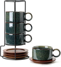 LUKA Ceramic Espresso Cups with Saucers, Spoons & Metal Stand – Set of 4, 6 oz
