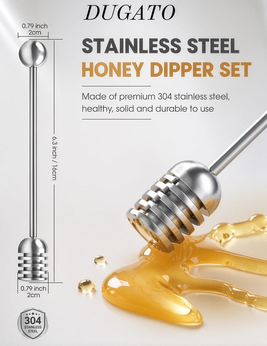 DUGATO Stainless Steel Honey Dipper Set – 2 Pack, 6.3 Inch, 304 Food-Grade Steel