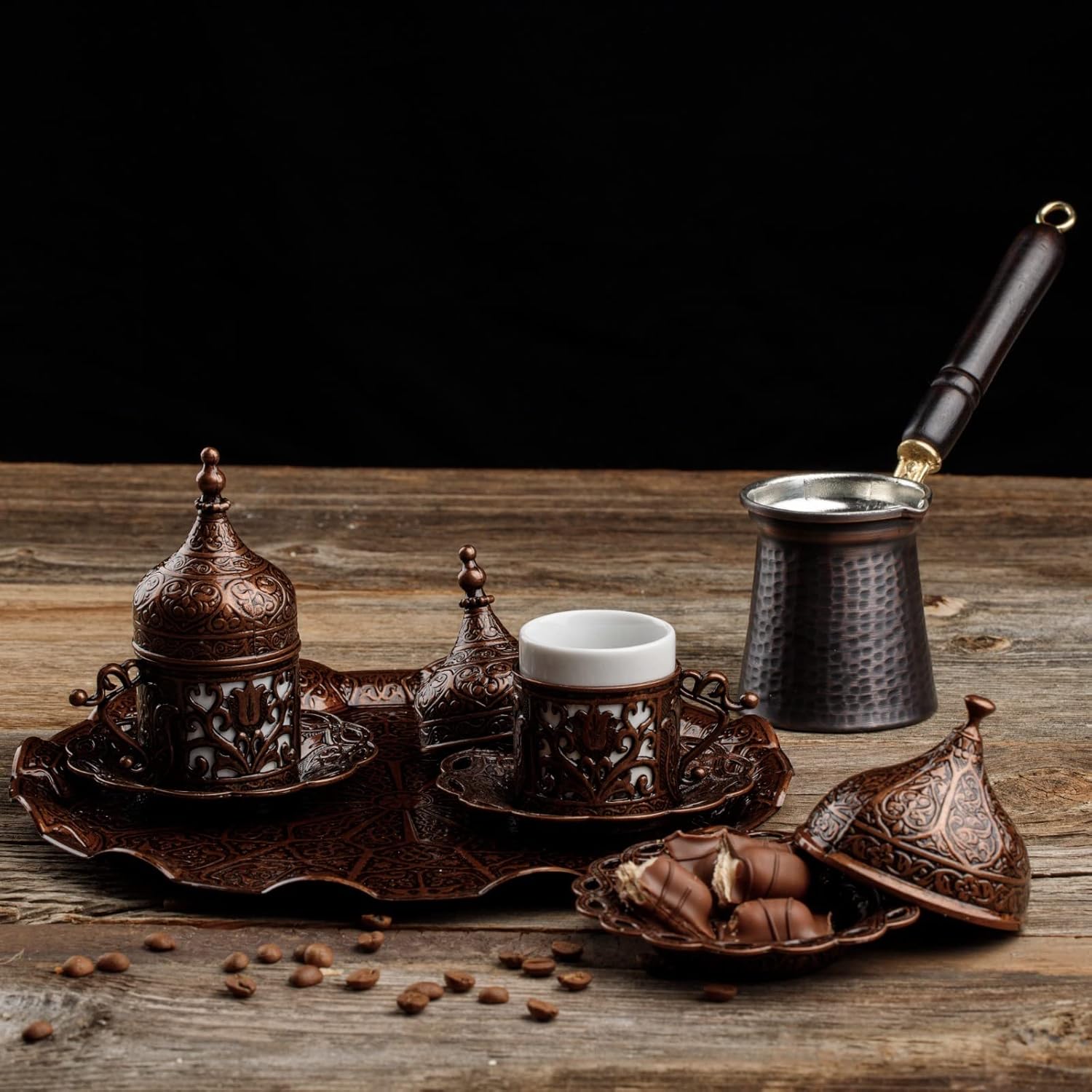 DEMMEX Turkish Greek Arabic Coffee Making & Serving Set — 12-Piece Antique Brass with Copper Cezve