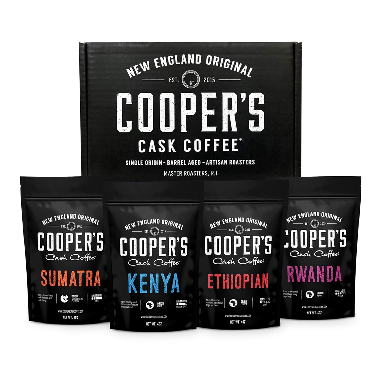 Gourmet Coffee Sampler Gift Box — Sumatra, Kenya, Rwanda &amp; Ethiopia