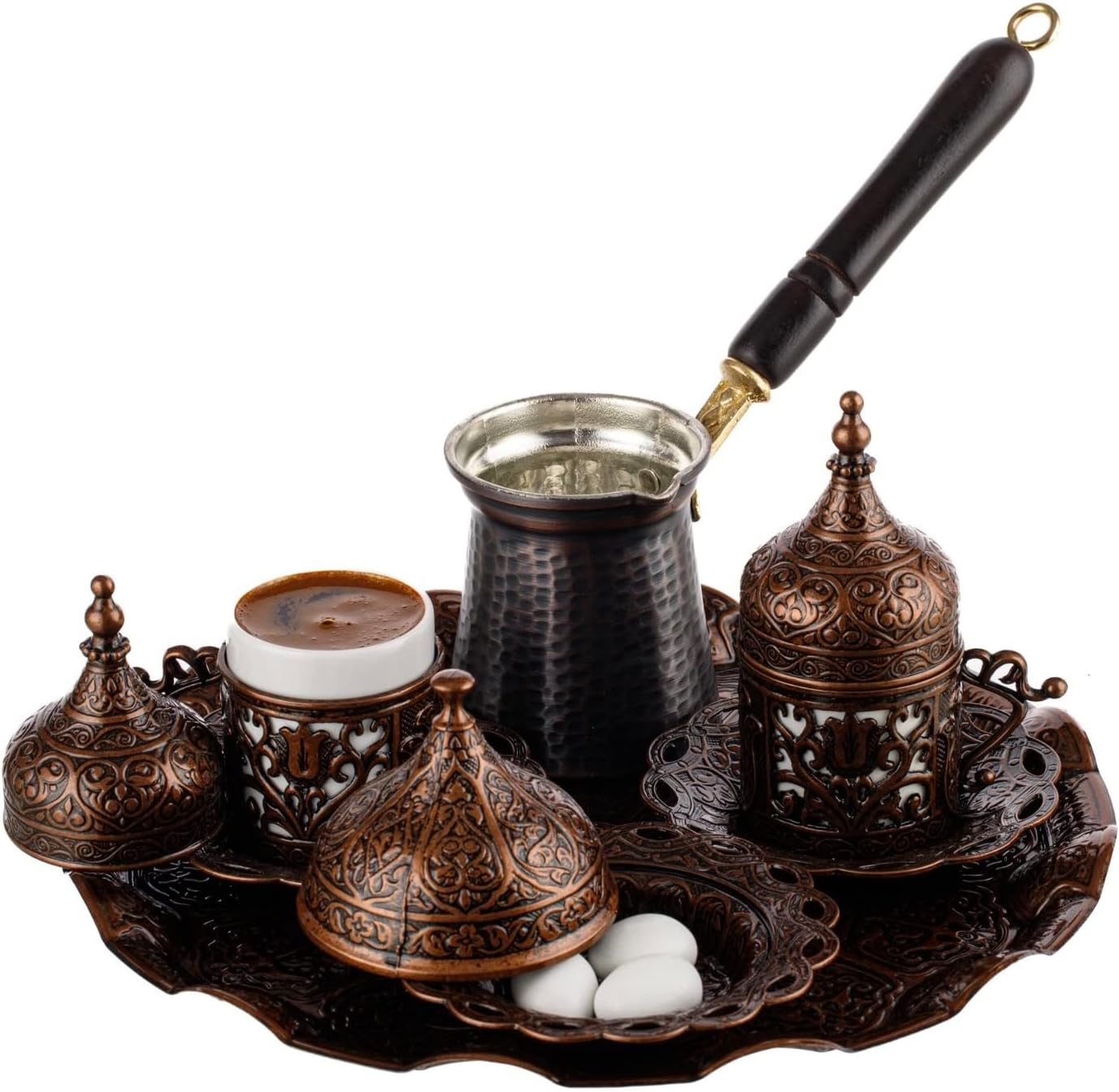 DEMMEX Turkish Greek Arabic Coffee Making & Serving Set — 12-Piece Antique Brass with Copper Cezve