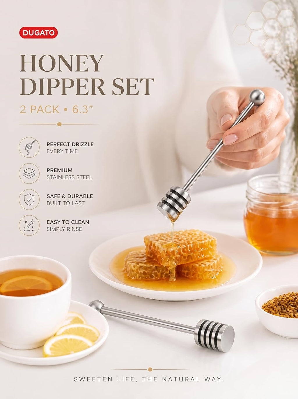 DUGATO Stainless Steel Honey Dipper Set – 2 Pack, 6.3 Inch, 304 Food-Grade Steel