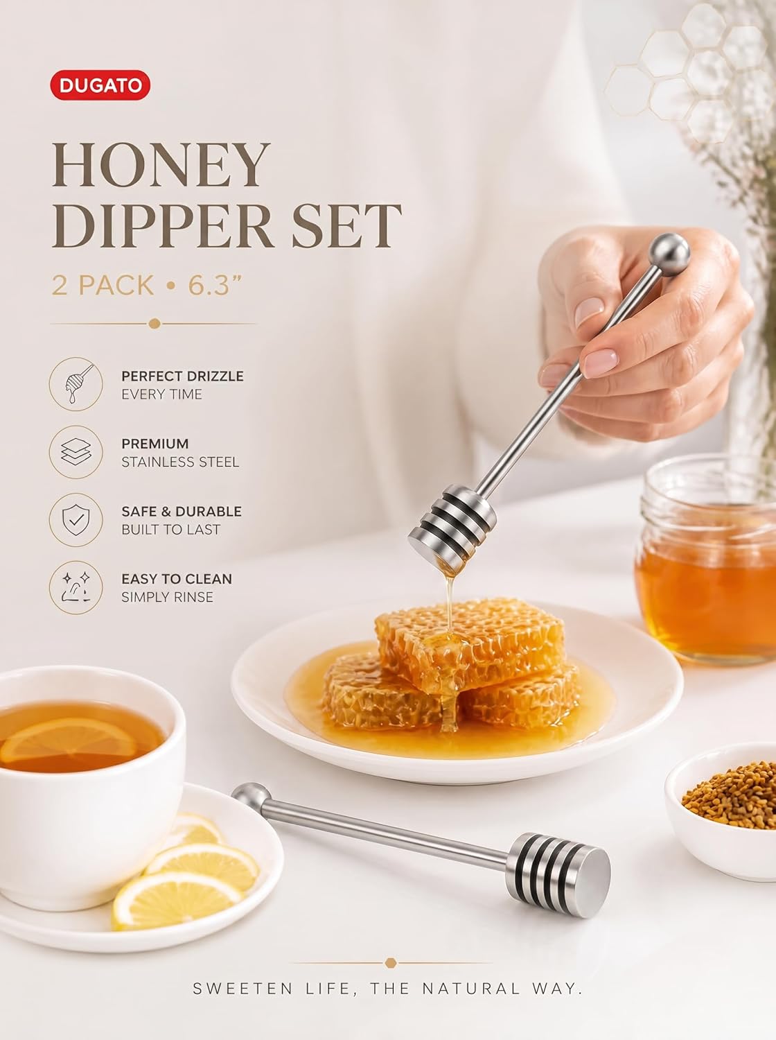 DUGATO Stainless Steel Honey Dipper Set – 2 Pack, 6.3 Inch, 304 Food-Grade Steel