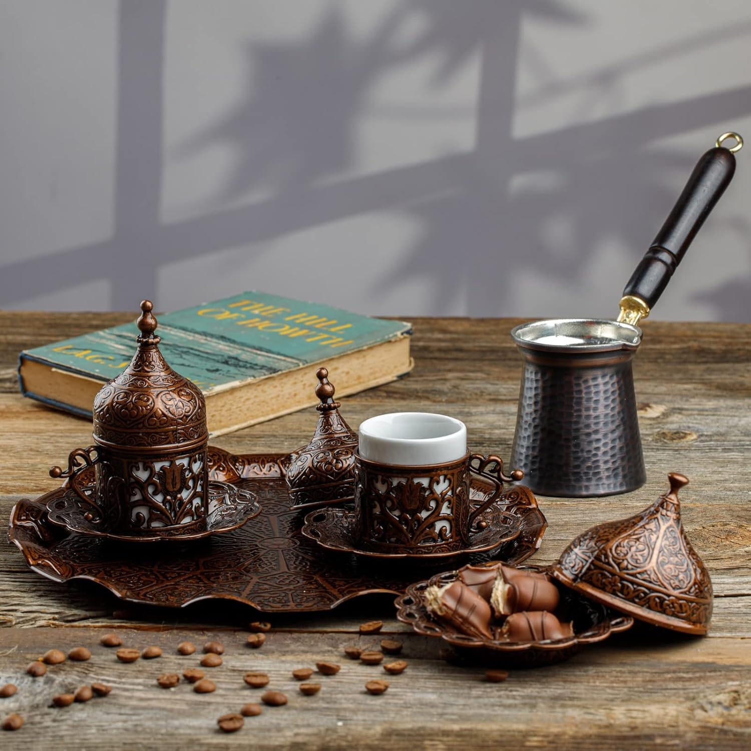 DEMMEX Turkish Greek Arabic Coffee Making & Serving Set — 12-Piece Antique Brass with Copper Cezve