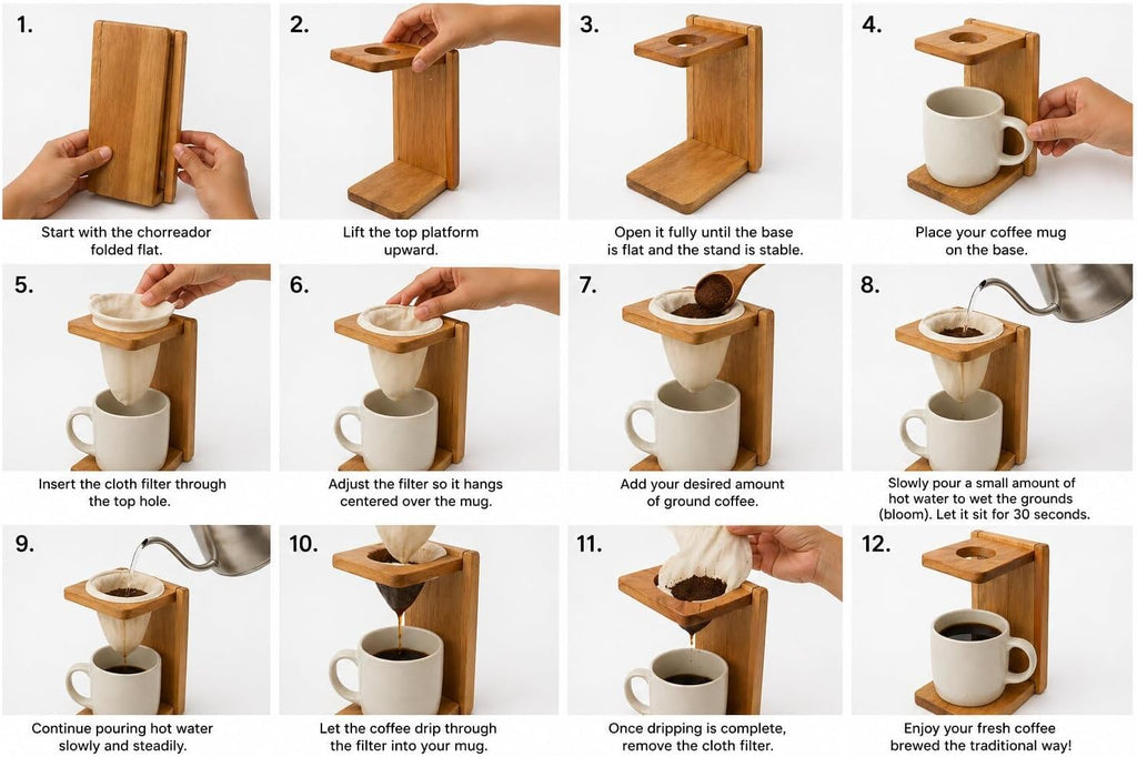 Costa Rican Chorreador — Handmade Wooden Pour-Over Coffee Stand with Cloth Filter