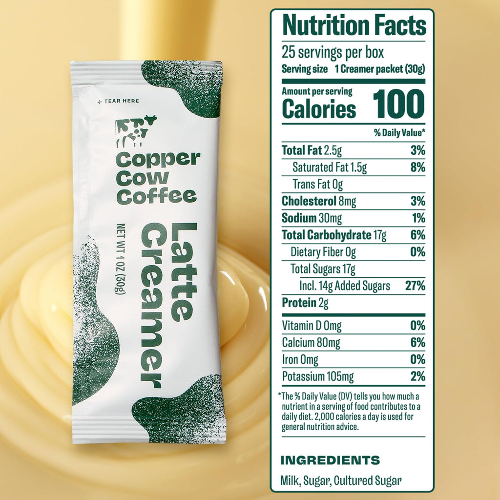 Copper Cow Coffee Latte Creamers – Sweetened Condensed Milk Single-Serve Packets, 25-Pack