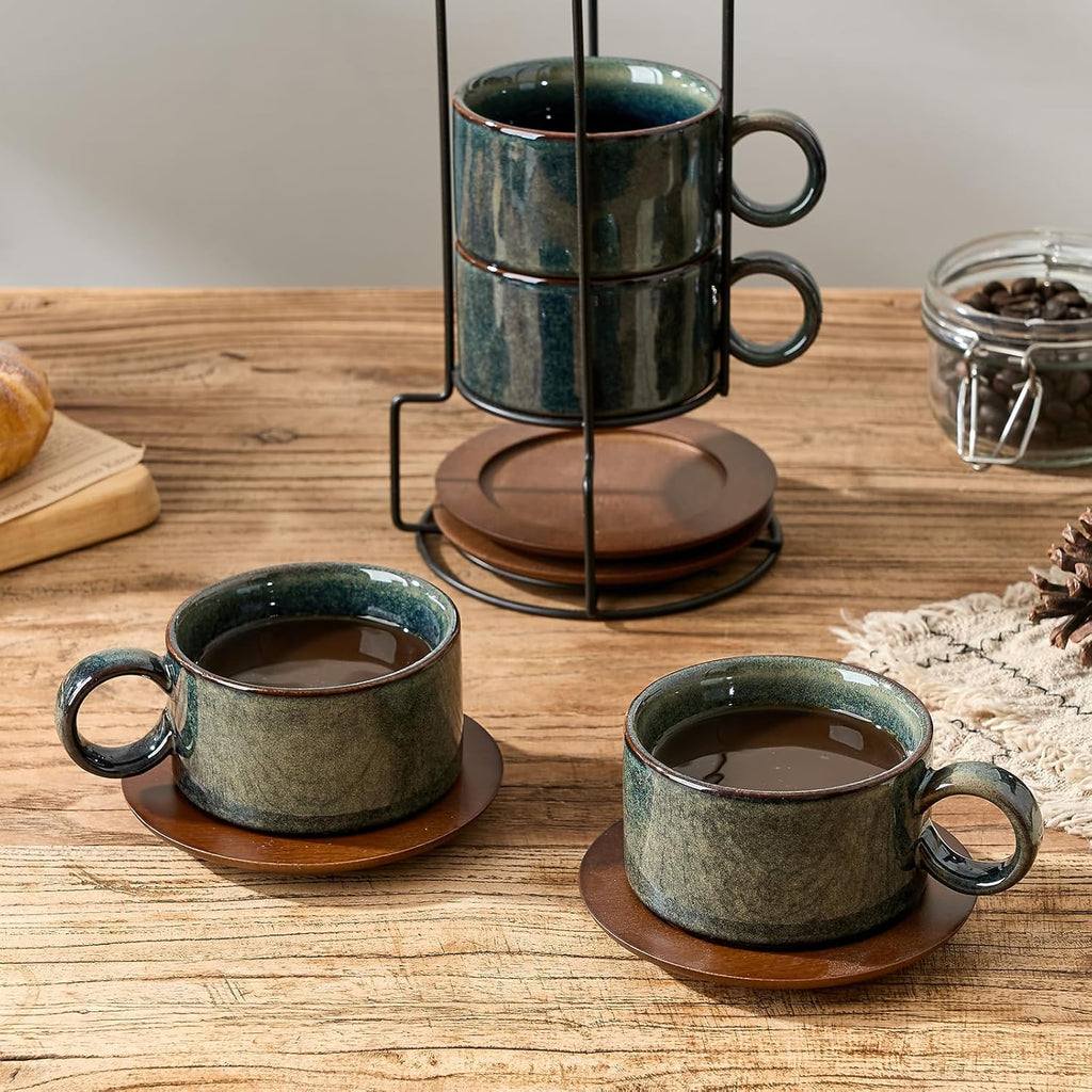 LUKA Ceramic Espresso Cups with Saucers, Spoons & Metal Stand – Set of 4, 6 oz