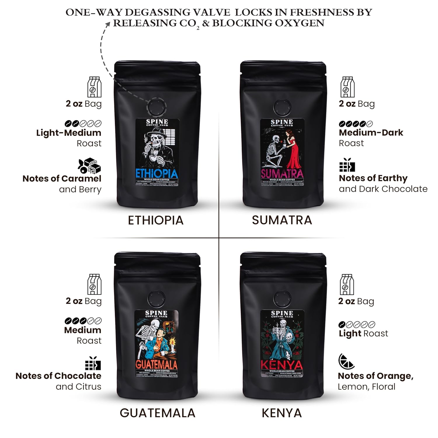 Spine Coffee Club 4-Pack Sampler — Ethiopia, Sumatra, Guatemala &amp; Kenya