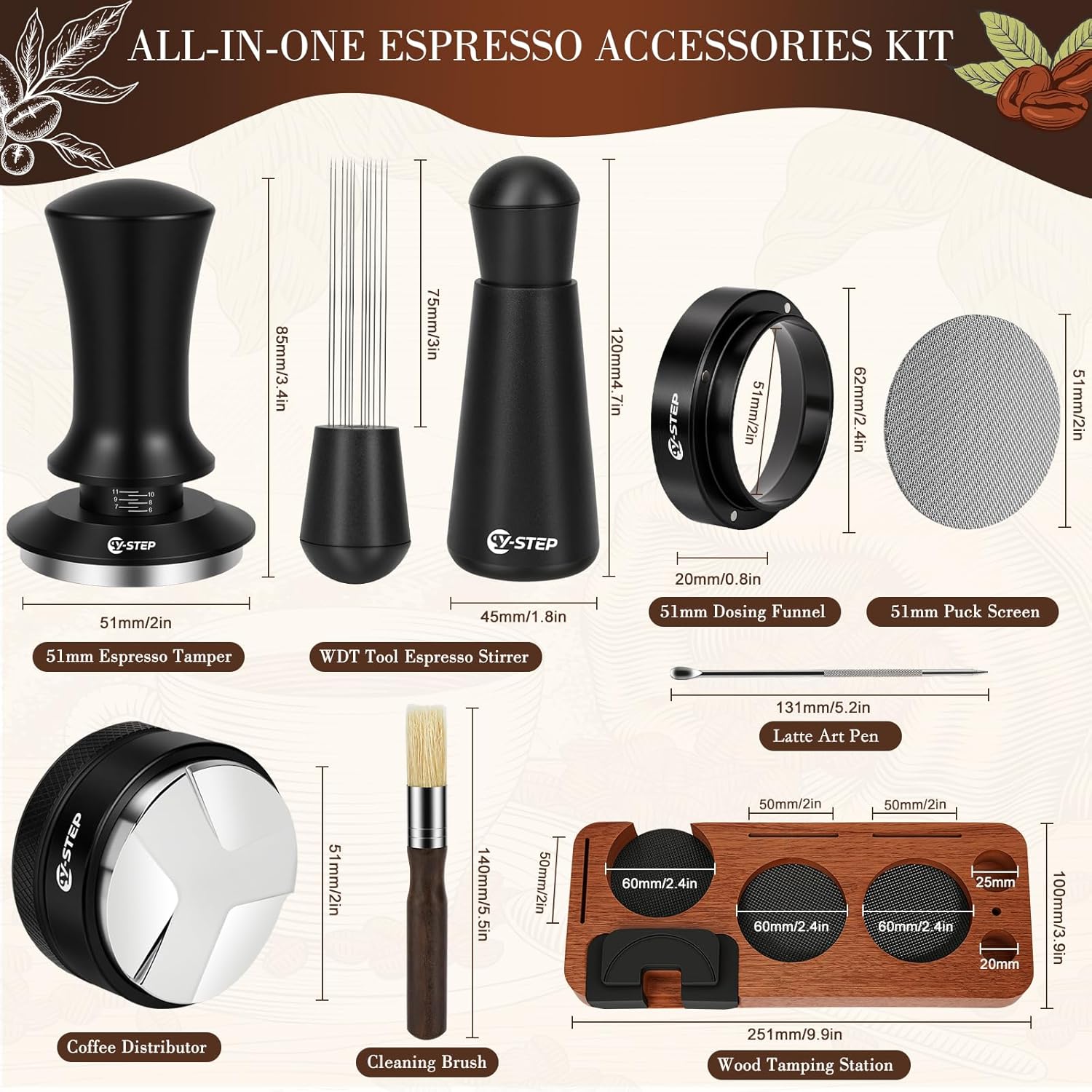 Y-Step 8 Pcs Espresso Accessories Kit - 51mm Tamper, WDT Tool & Tamping Station