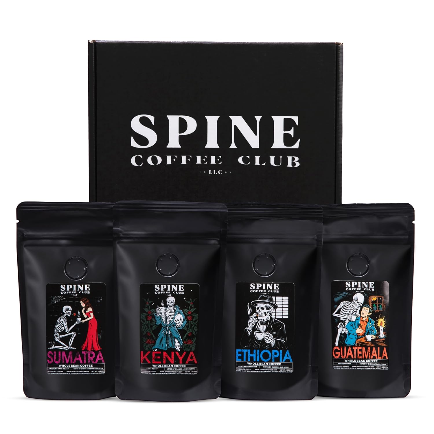 Spine Coffee Club 4-Pack Sampler — Ethiopia, Sumatra, Guatemala &amp; Kenya
