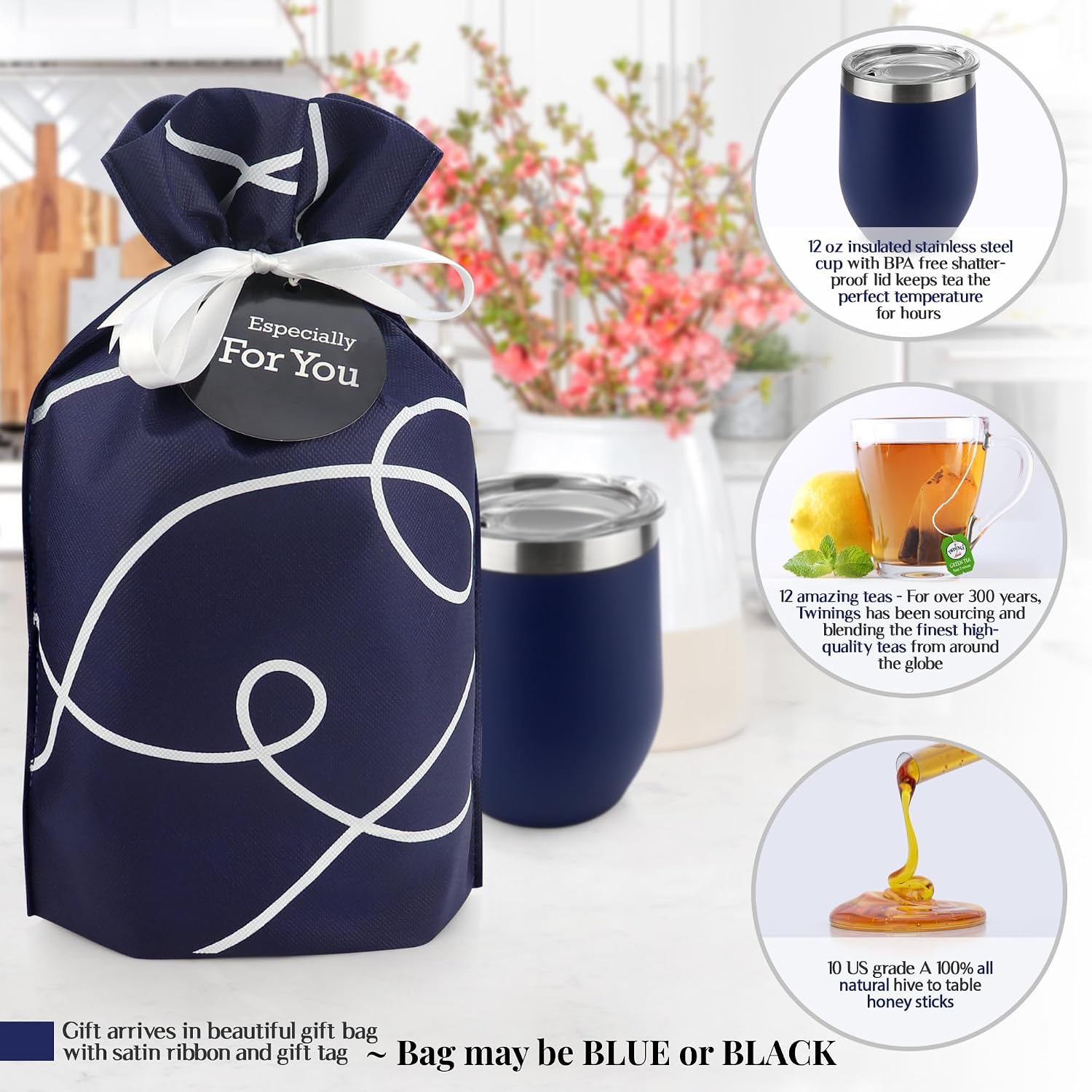 Tea Lovers Gift Basket — Insulated Cup, Teabags &amp; Honey