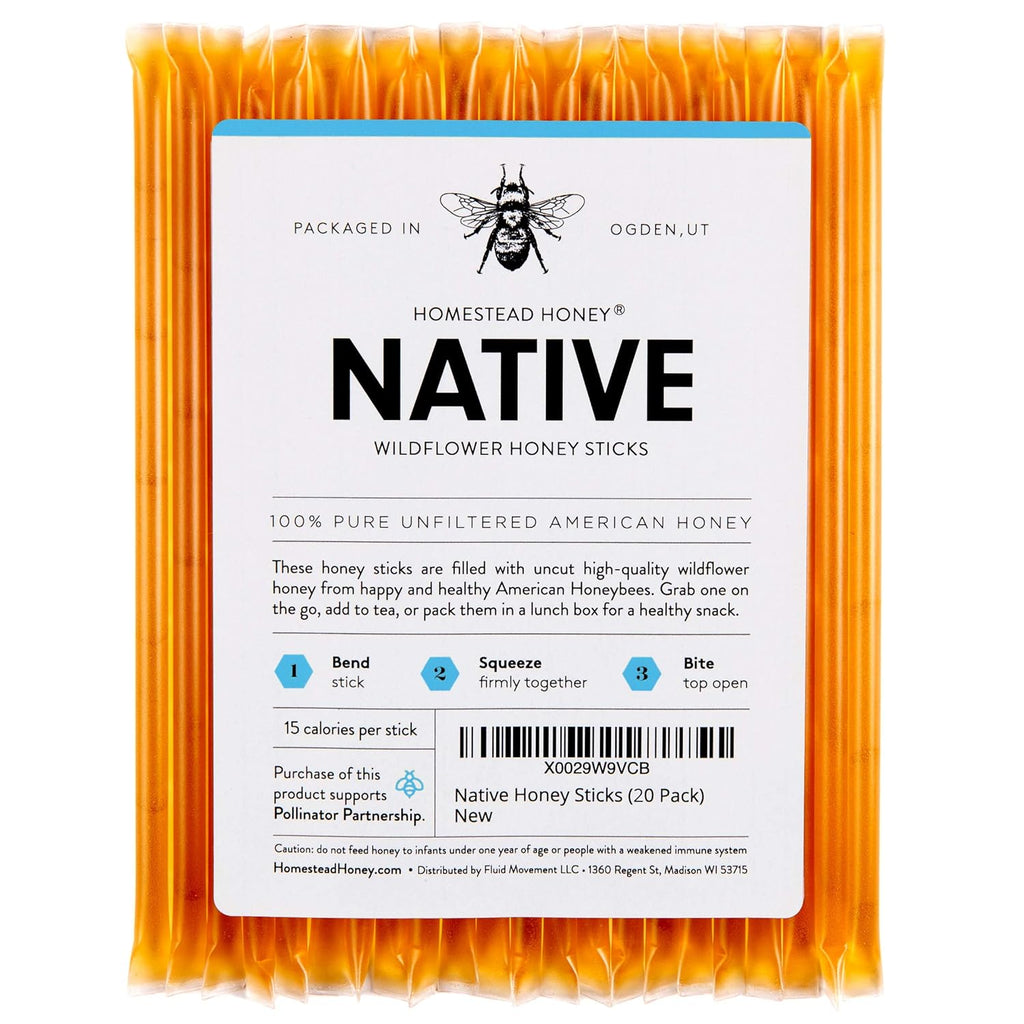 Homestead Honey Sticks – 20-Pack Pure Wildflower Honey Straws, Single-Serve