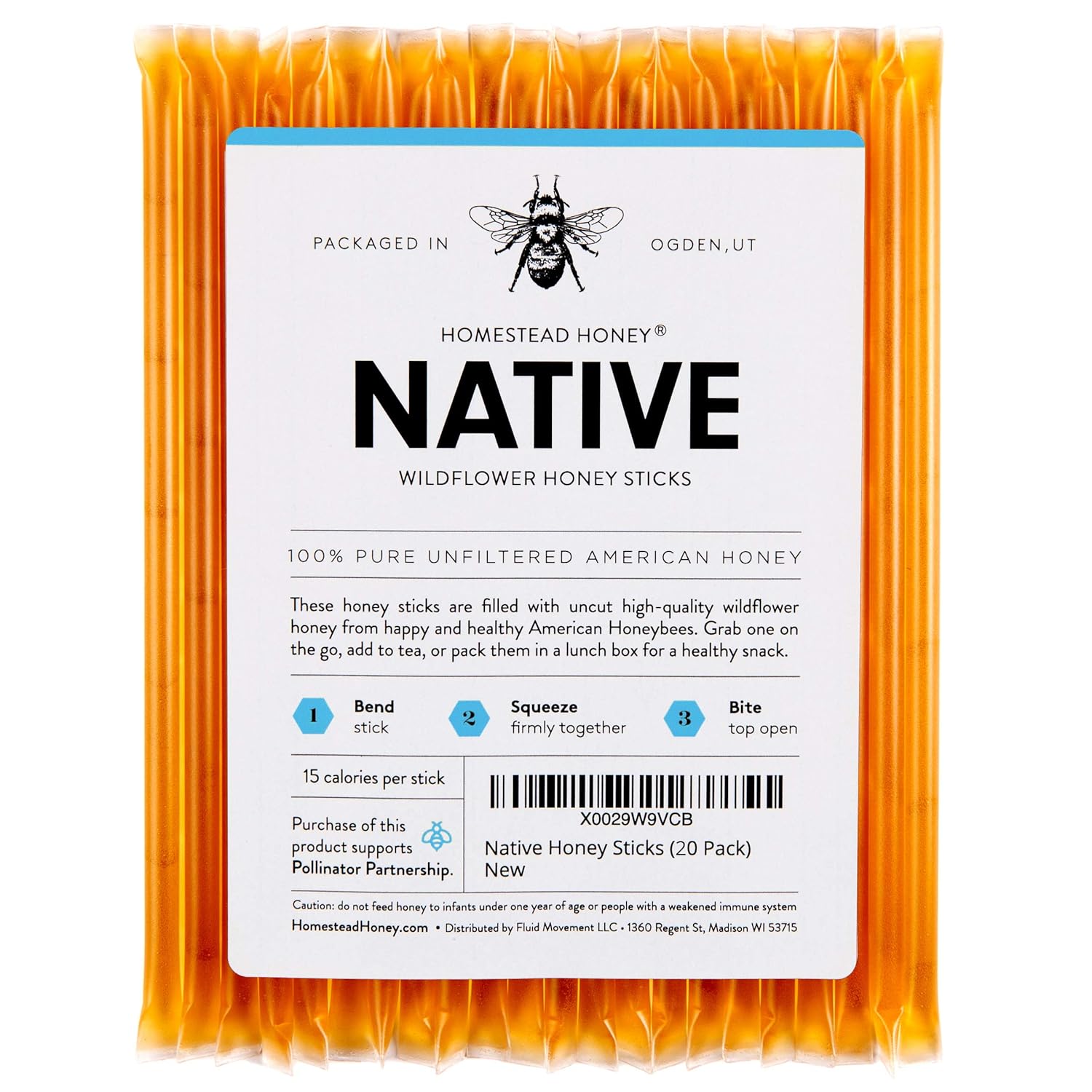 Homestead Honey Sticks – 20-Pack Pure Wildflower Honey Straws, Single-Serve