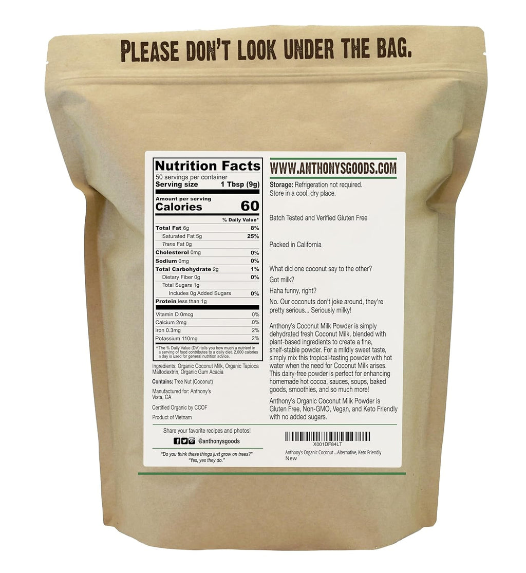 Anthony's Organic Coconut Milk Powder – Dairy-Free Vegan Creamer for Coffee, Tea & Thai Lattes