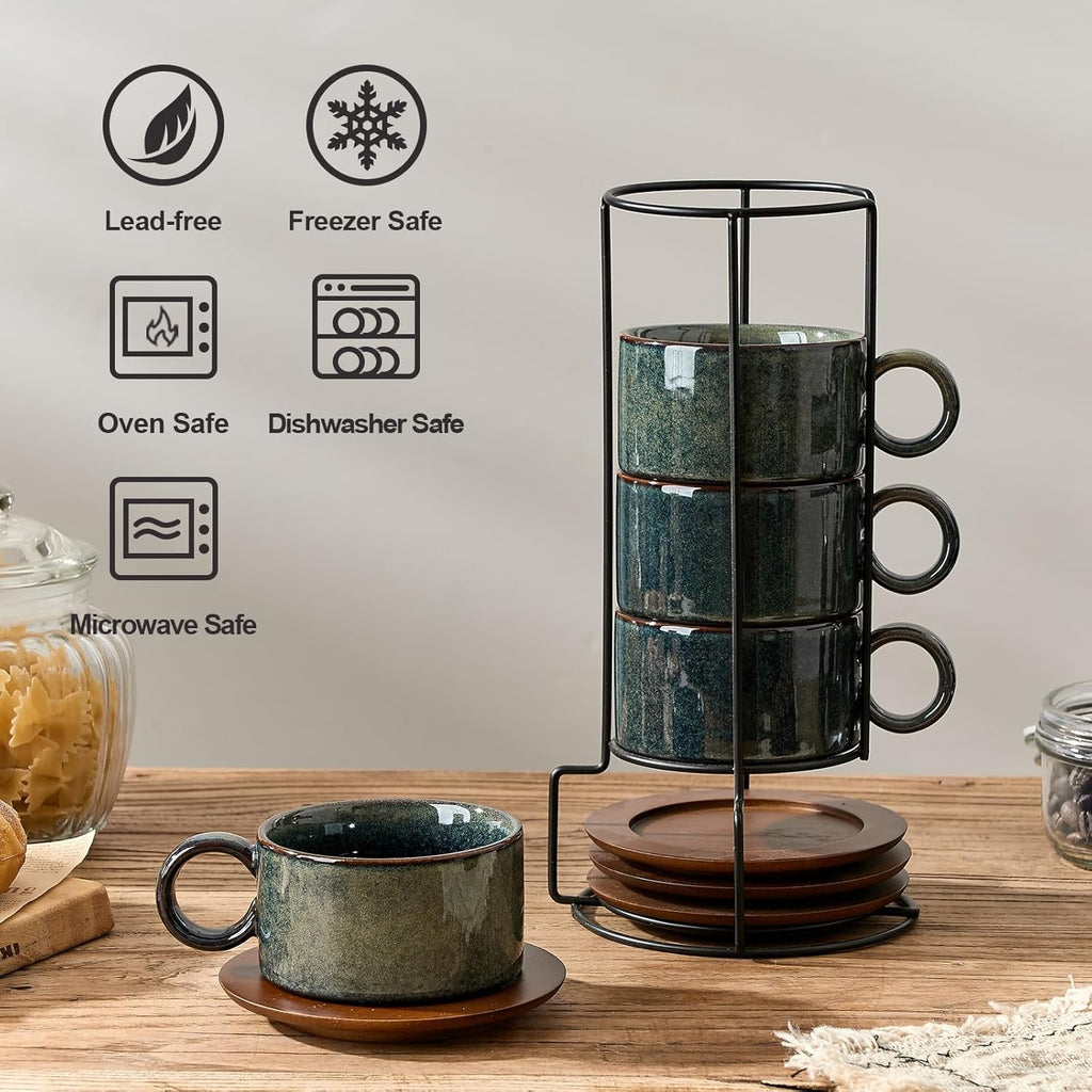 LUKA Ceramic Espresso Cups with Saucers, Spoons & Metal Stand – Set of 4, 6 oz