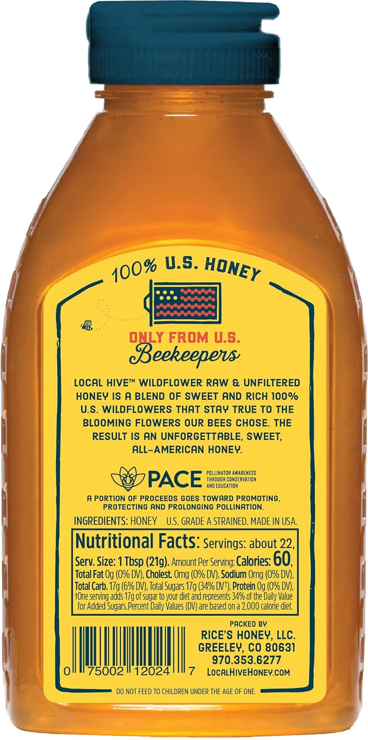 Local Hive Wildflower Raw & Unfiltered Honey – 100% Pure U.S. Honey, 16 oz