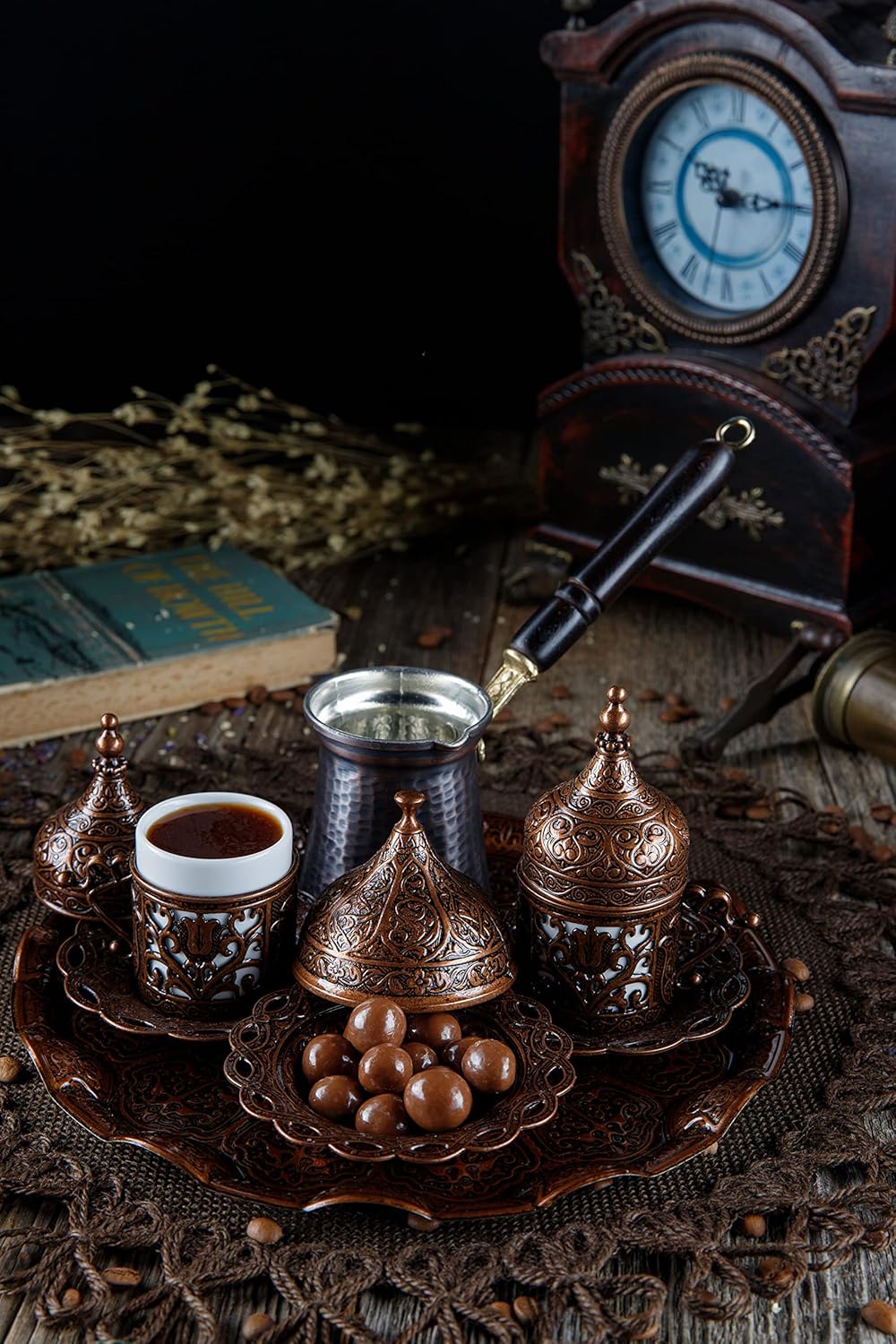DEMMEX Turkish Greek Arabic Coffee Making & Serving Set — 12-Piece Antique Brass with Copper Cezve