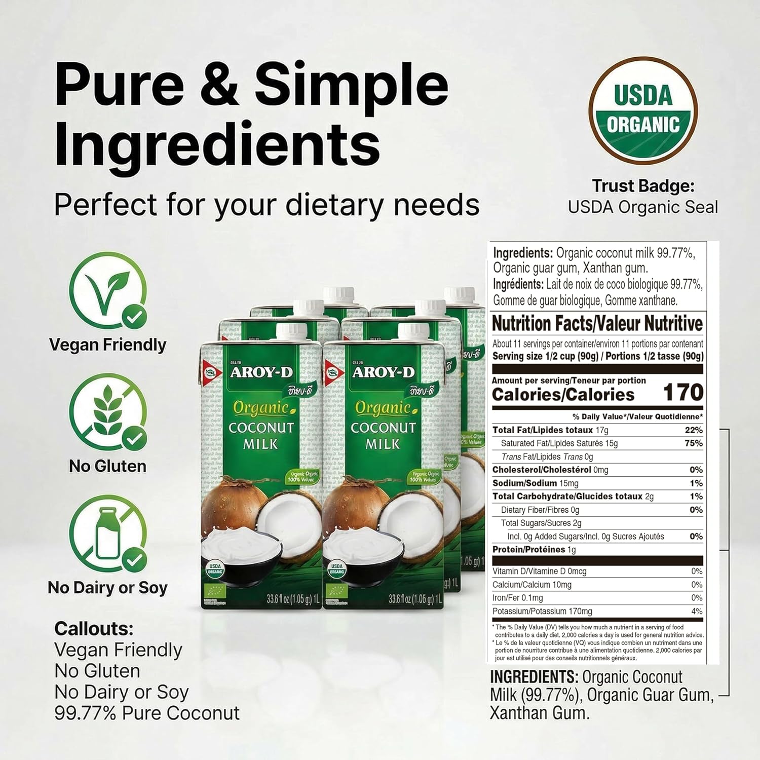 Aroy-D Organic Coconut Milk – 33.8 fl oz Cartons, 6-Pack, Gluten-Free Vegan