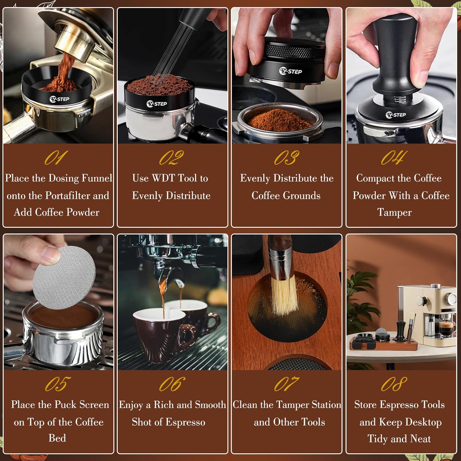 Y-Step 8 Pcs Espresso Accessories Kit - 51mm Tamper, WDT Tool & Tamping Station