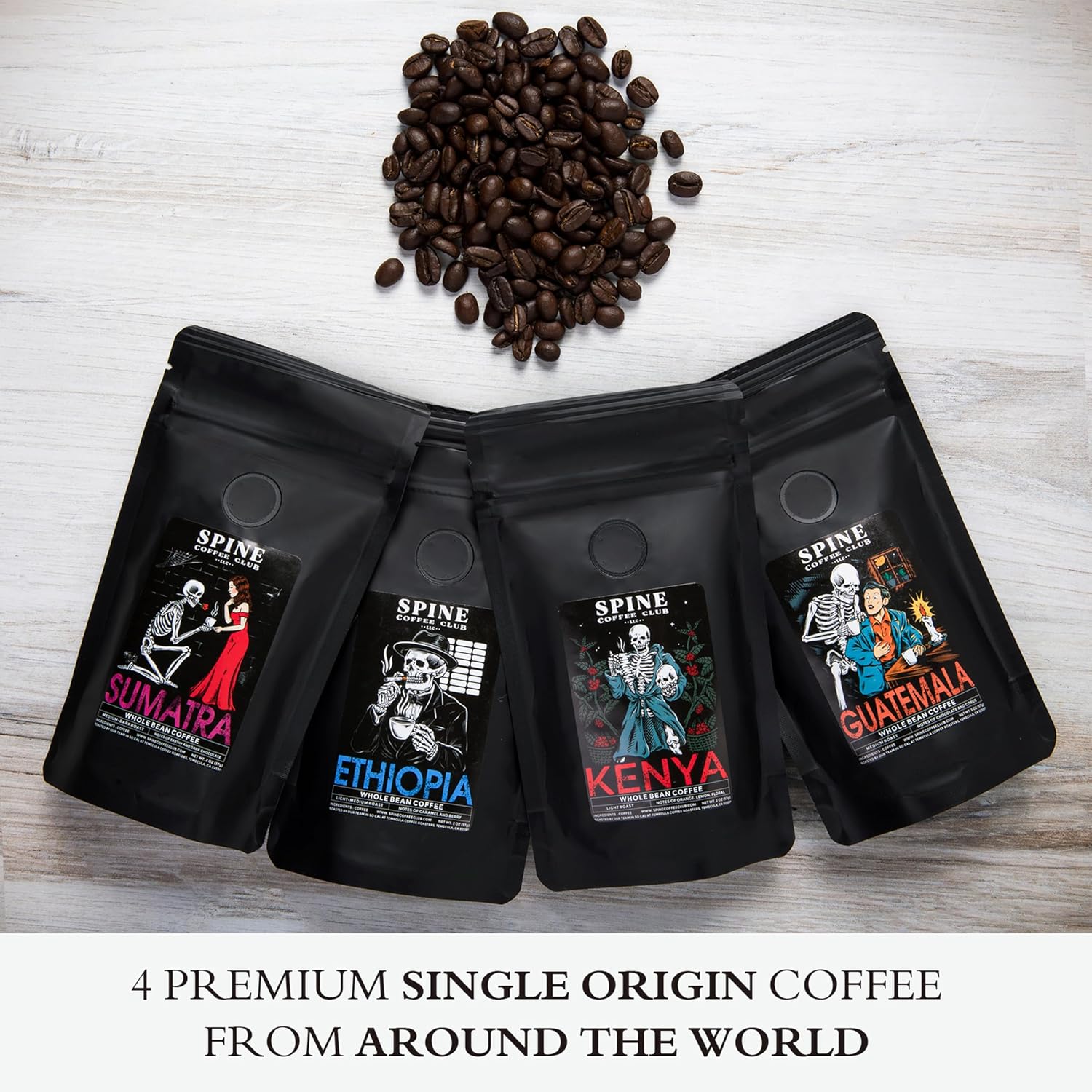 Spine Coffee Club 4-Pack Sampler — Ethiopia, Sumatra, Guatemala &amp; Kenya