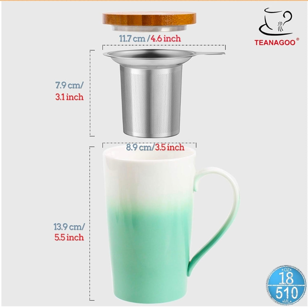 Glass Tea Mug with Stainless Steel Infuser & Lid – 12 oz Loose Leaf Brewing Cup