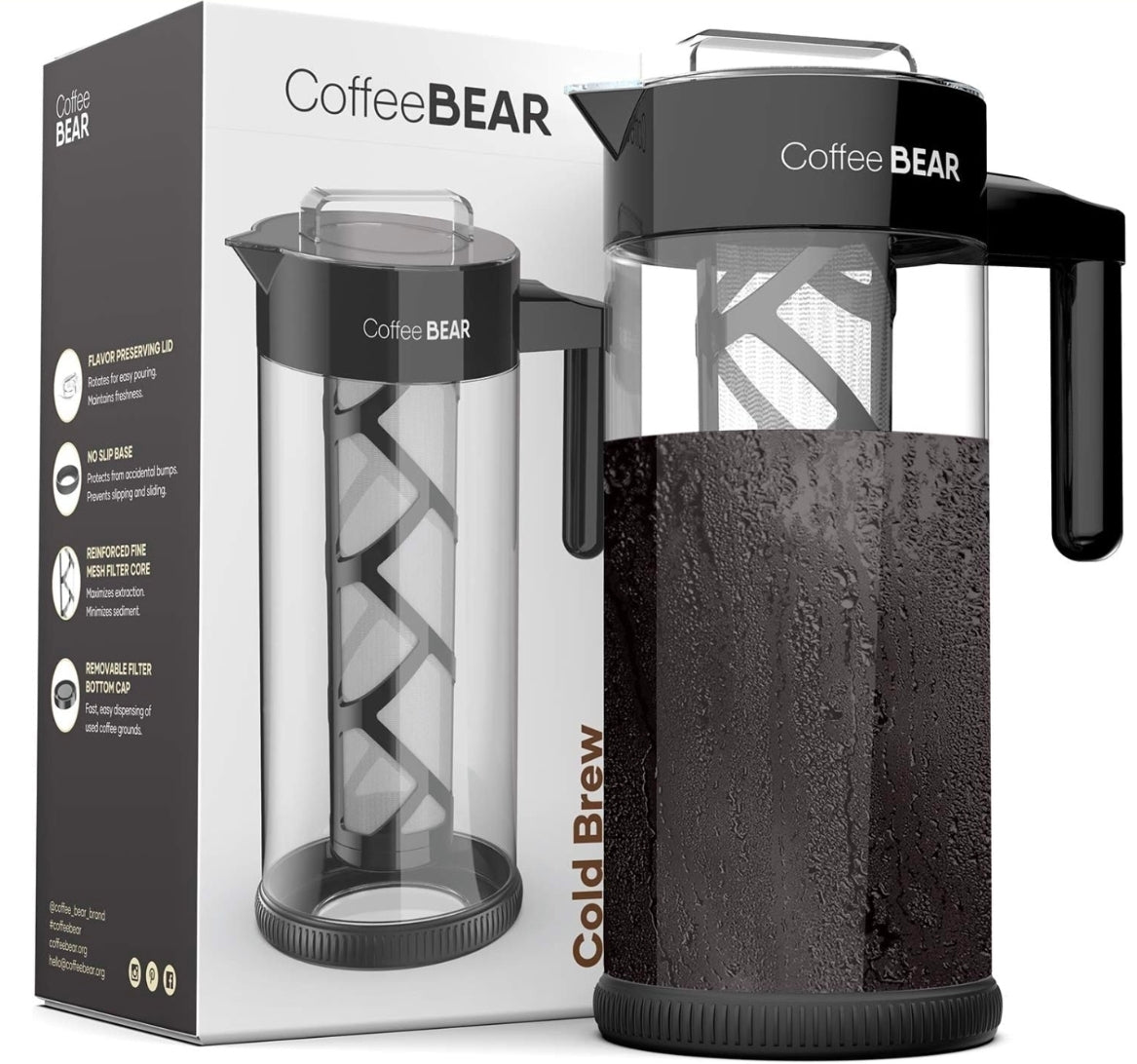COFFEE BEAR Cold Brew Coffee Maker & Iced Tea Brewer – 1.3L (44oz) Borosilicate Glass Pitcher with Mesh Filter