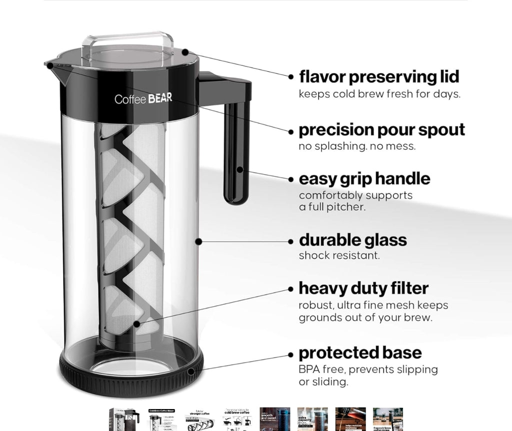 COFFEE BEAR Cold Brew Coffee Maker & Iced Tea Brewer – 1.3L (44oz) Borosilicate Glass Pitcher with Mesh Filter