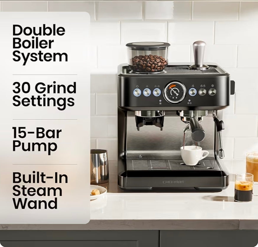 Chefman Crema Deluxe Espresso Machine — Double Boiler & Built-In Grinder