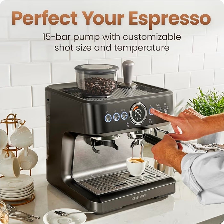 Chefman Crema Deluxe Espresso Machine — Double Boiler & Built-In Grinder