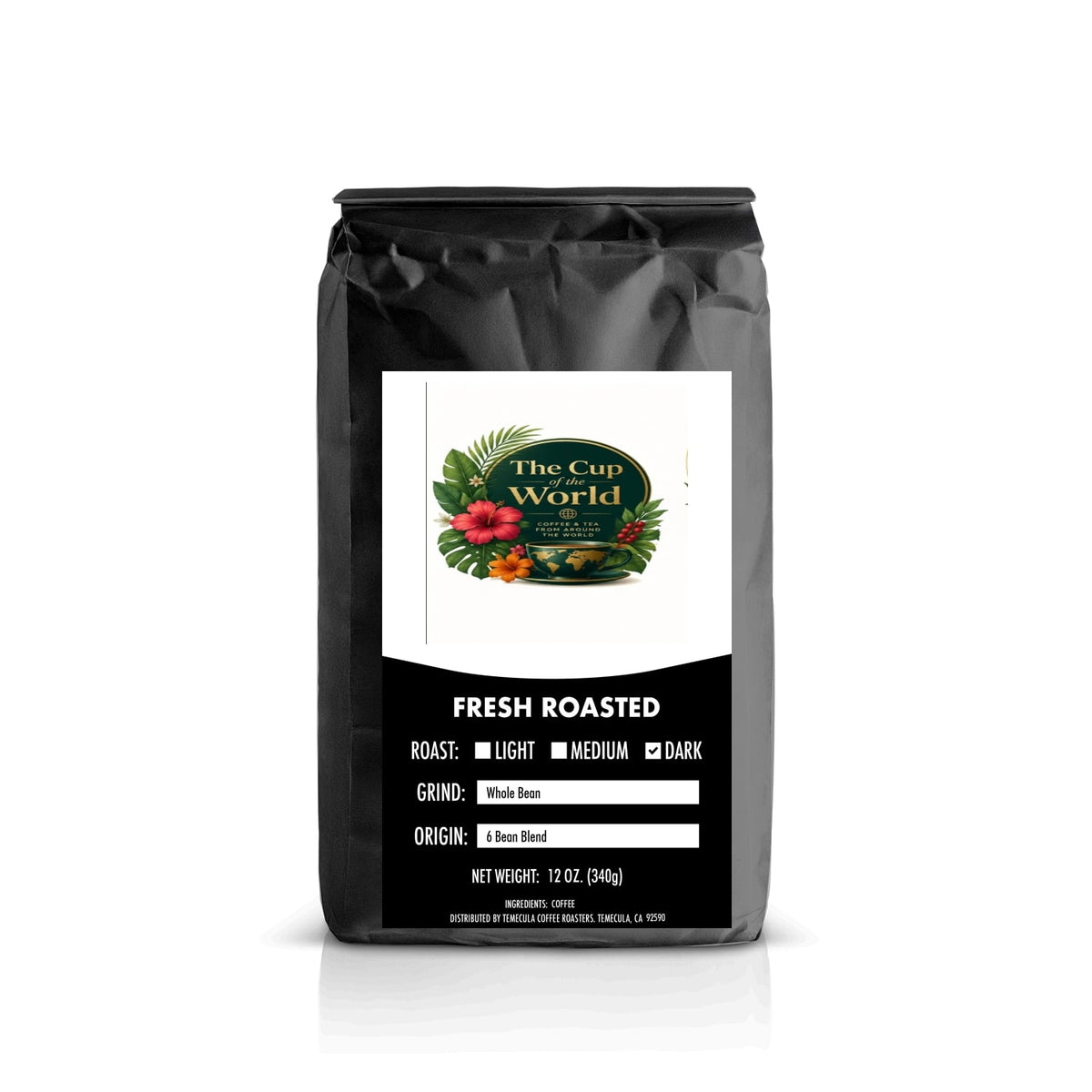The Cup of the World 6 Bean Blend coffee in a black bag with Classic label