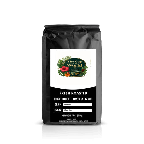 The Cup of the World 6 Bean Blend coffee in a black bag with Classic label