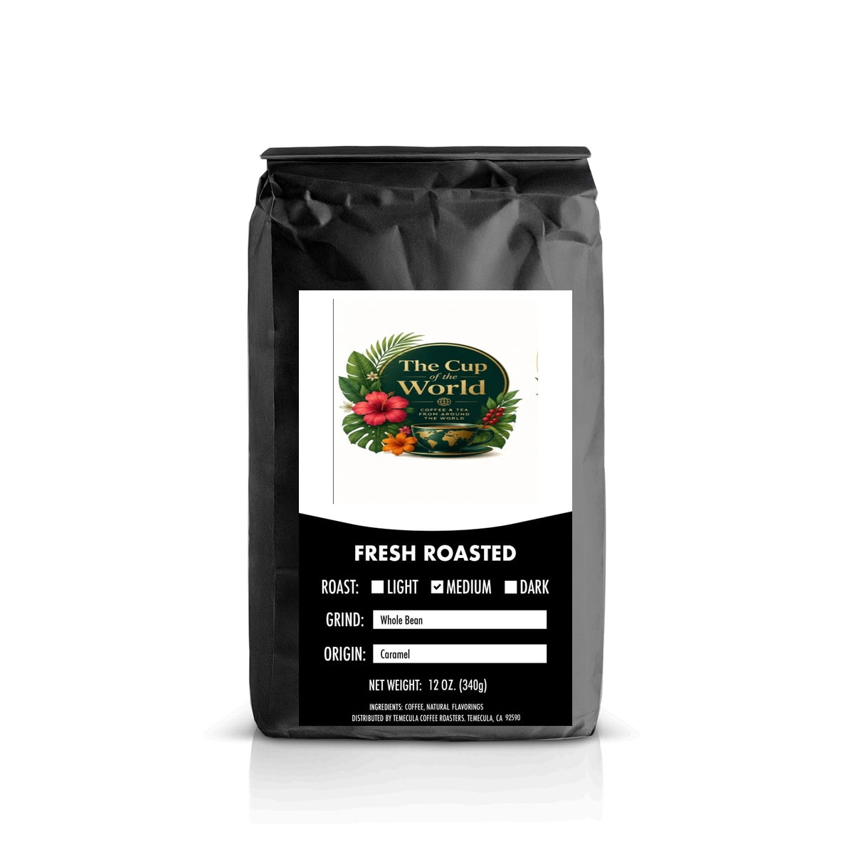 The Cup of the World Caramel coffee in a black bag with Classic label